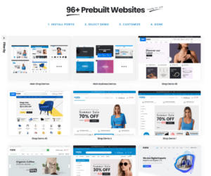 Porto WordPress Theme 7.7.1 - Best Ultimate Multipurpose & WooCommerce Solution 4 Porto WordPress Theme library displaying various pre-built niche demos for one-click import