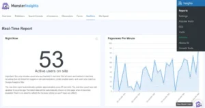 MonsterInsights Pro dashboard showing real-time traffic stats inside WordPress.