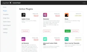 Dashboard view of the Jupiter X Control Panel for managing templates and plugins
