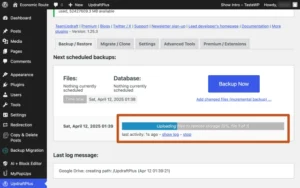 Detailed advanced reports section of UpdraftPlus Premium, showing cryptographic checksums and backup integrity verification