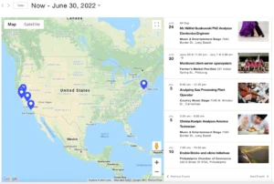 Example of the premium Map View in The Events Calendar Pro displaying multiple event locations