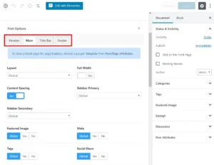 Jupiter X Theme Builder in Elementor, displaying a custom header and footer design
