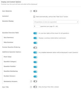 LearnDash advanced quizzing engine setup, detailing the available question types and settings