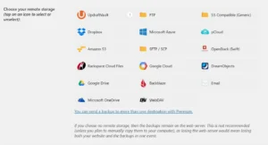 Remote storage options screen in UpdraftPlus Premium, displaying the full range of cloud destinations including OneDrive, SFTP, and Backblaze B2