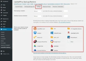 The UpdraftPlus Premium settings panel, illustrating the setup for automated file and database backup schedules
